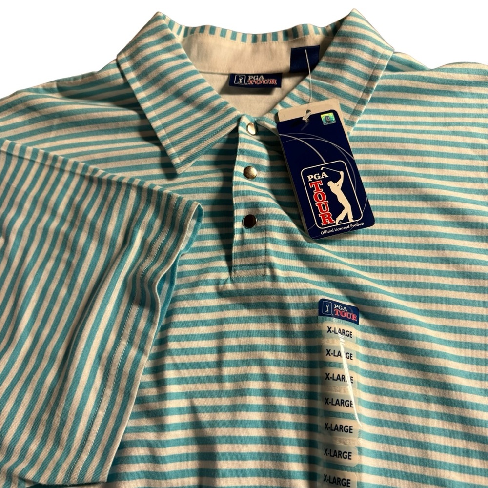 NEW PGA Tour men’s XL blue & white striped short sleeve polo